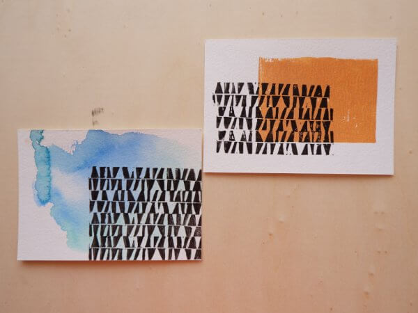 hand printed greeting cards with an abstract pattern and different coloures